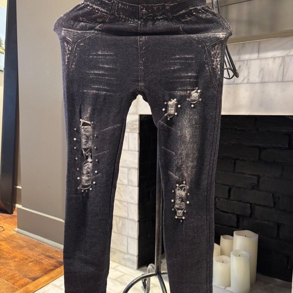 Distressed Faux Denim Pearl Stud Leggings | Stretch Jeggings Pants - Picture 3 of 5